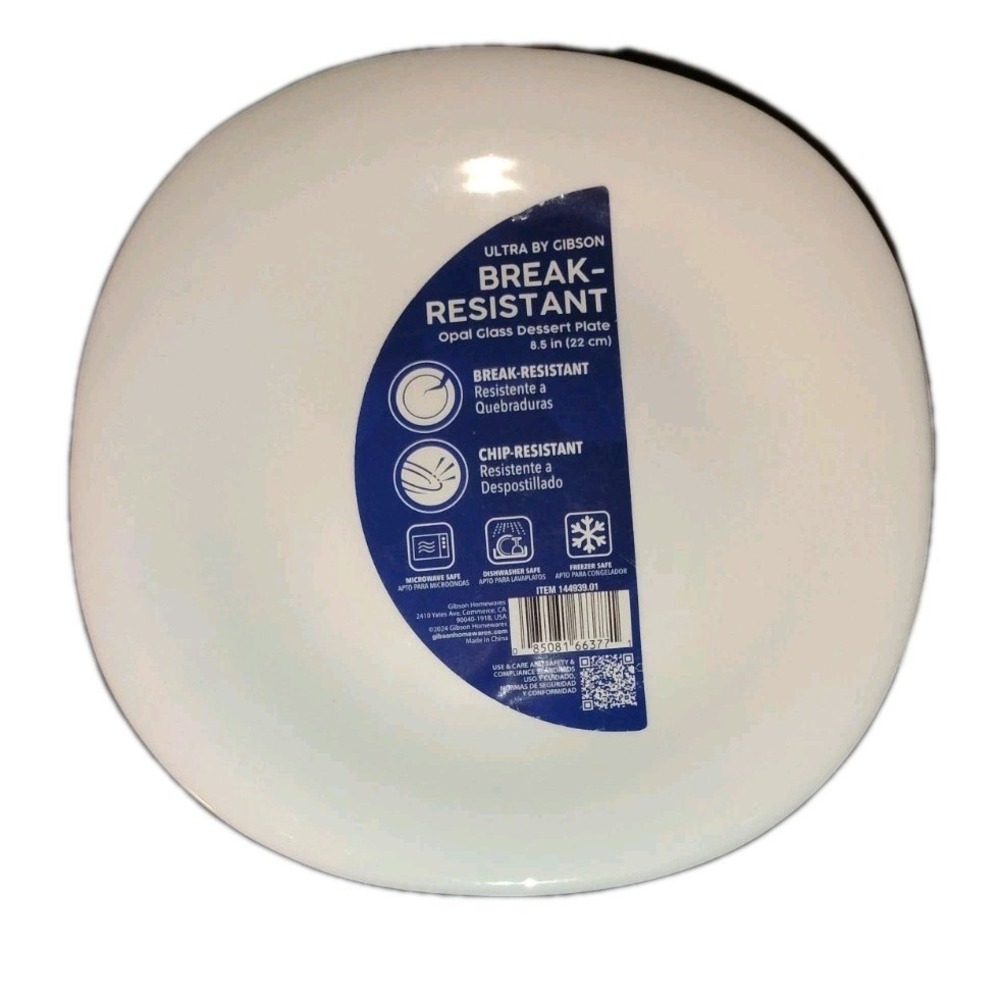 Gibson Ultra Opal Glass Dessert Plates Set of 2 Rounded Square 8.5" Break Resist